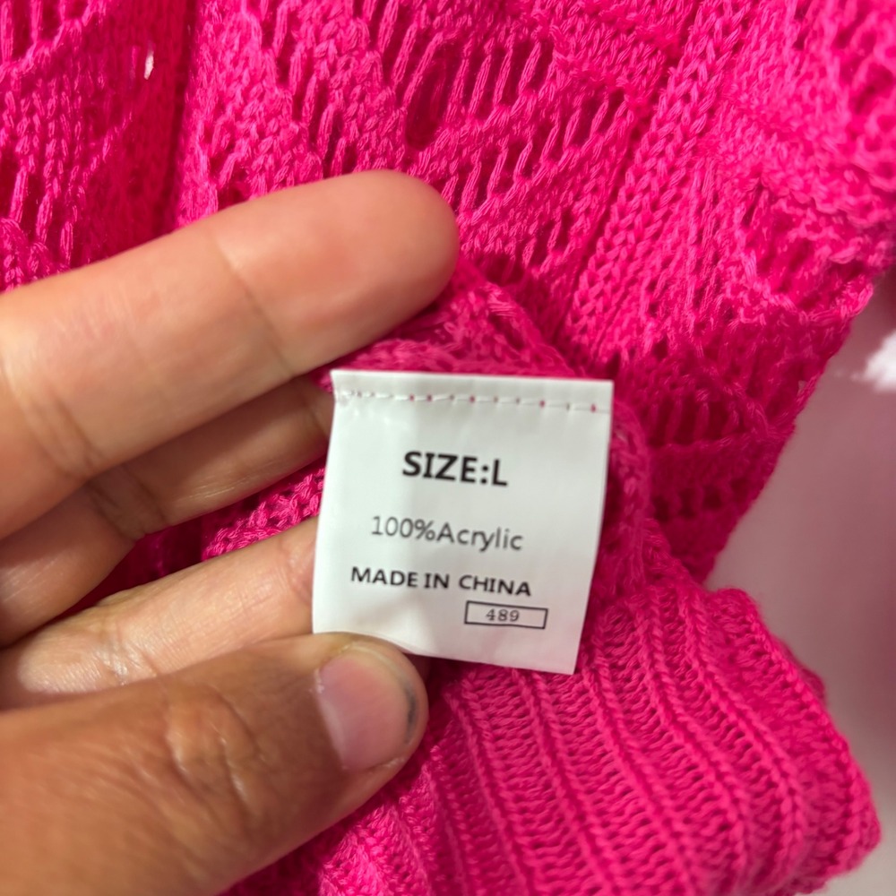 Dokotoo Womens Hot Pink Crochet Knit V-Neck 3/4 Sleeve Relaxed Sweater Large NEW - Picture 7 of 8